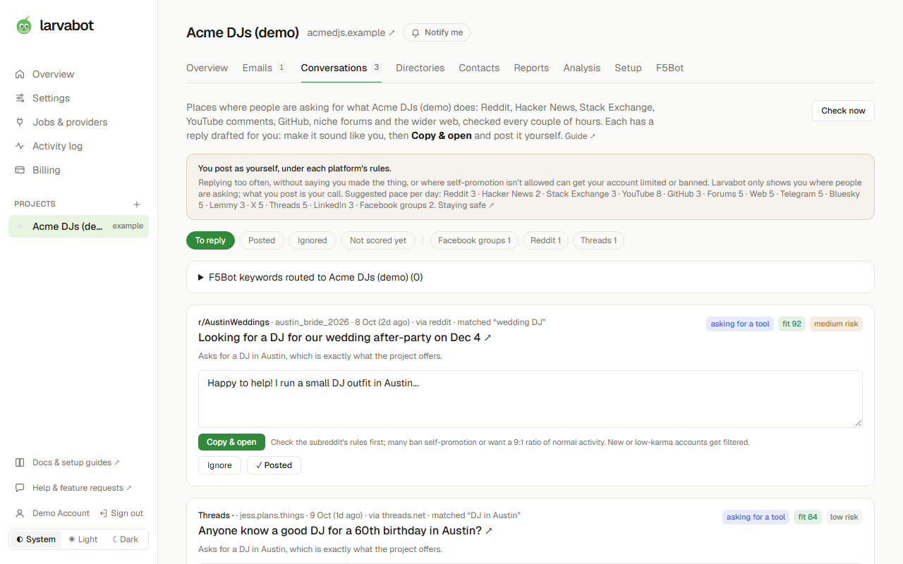 The Larvabot Windows app: people asking for what you sell, each with a reply drafted for you